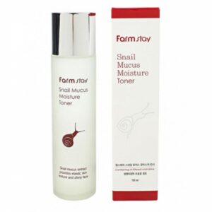 A bottle of farmstay snail mucus moisture toner next to its packaging box, advertising snail mucus extract for hydrated and elastic skin.