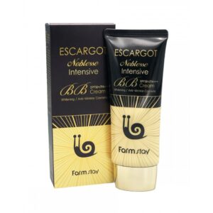 A pair of Farmstay Escargot Noblesse Intensive BB Creams—featuring SPF and properties for whitening and anti-wrinkle care, presented in matching black and gold packaging.