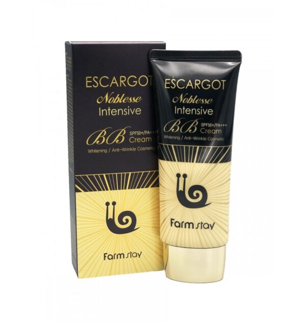 A pair of Farmstay Escargot Noblesse Intensive BB Creams—featuring SPF and properties for whitening and anti-wrinkle care, presented in matching black and gold packaging.