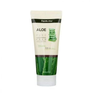 A tube of farmstay aloe pure cleansing foam skincare product against a white background.