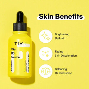 A bright yellow TIAM Vita B3 Source bottle with a dropper on a sunny background, highlighting its skin benefits: brightening dull skin, fading discoloration, and balancing oil production.