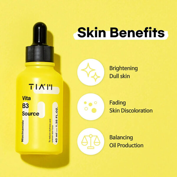 Un frasco de TIAM Vita B3 Source de color amarillo brillante con un gotero sobre un fondo soleado, que resalta sus beneficios para la piel: ilumina la piel opaca, atenúa la decoloración y equilibra la producción de grasa.