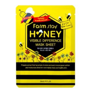 A bright and colorful package of farm stay honey visible difference mask sheet, featuring skin care benefits with honey and propolis extract, aimed at making skin moist and healthy.