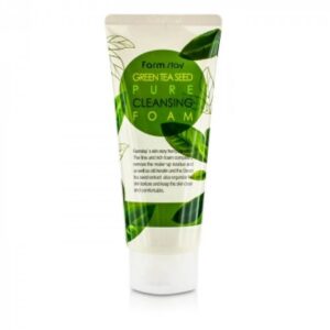 A tube of farm stay green tea seed pure cleansing foam against a white background.