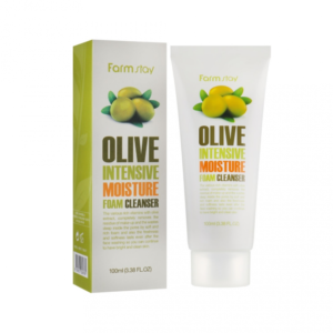 Packaging and tube of farm stay olive intensive moisture foam cleanser with olive images, promoting hydration and cleanliness for skin care, 100ml volume indicated.