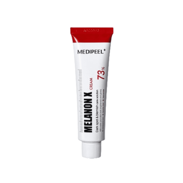 Dumsan A white and red tube of MEDI-PEEL Melanon X Cream, marked with "73%" in bold red font. The tube has a white screw cap at the bottom and is used for skincare, specifically for brightening and reducing pigmentation.