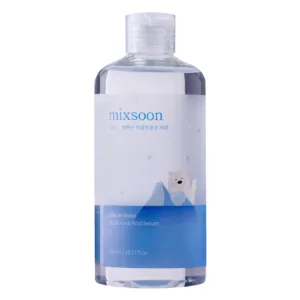 Dumsan A clear, cylindrical bottle with a flip-top cap contains Mixsoon Glacier Water Hyaluronic Acid Serum. The label features a cartoon picture of a polar bear emerging from a glacier under a starry sky. The bottle holds 300 ml (10.15 fl oz) of product.