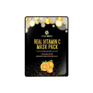 Dumsan Uma foto do produto do Pax Moly Real Vitamin C Mask Pack. A embalagem é preta com bolhas douradas e duas metades laranja na parte inferior. O texto na frente diz: "Pax Moly Real Vitamin C Mask Pack" e "Melhoria na hidratação e elasticidade da pele.